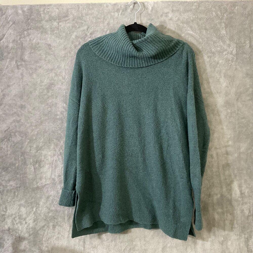 Nanette Lepore Pullover Sweater Women L Teal blue green Wool Blend cowl Tunic